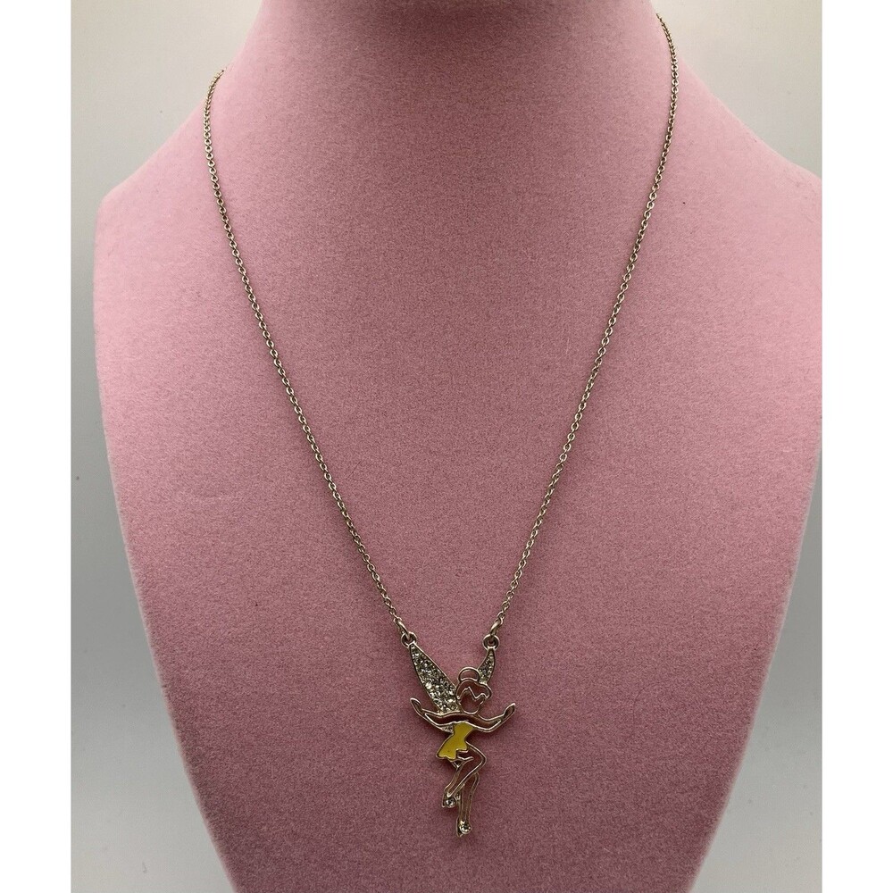 Disney Tinker Bell Silver Tone Rhinestone Enamel Necklace